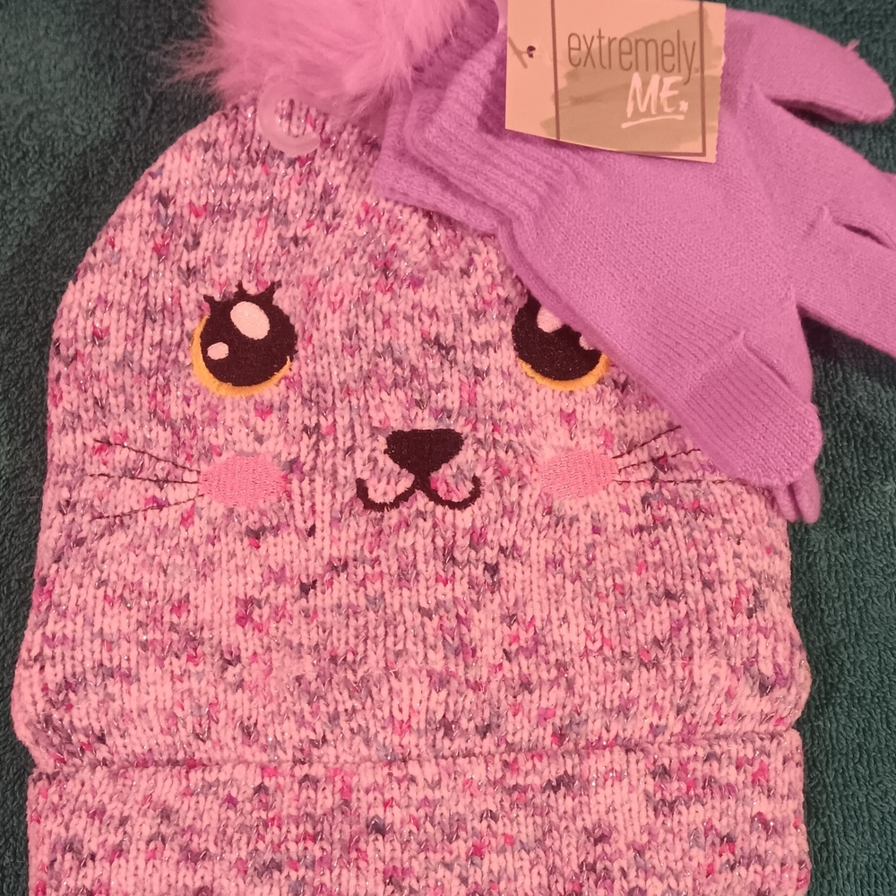 Pink Seal Knit Hat and Glove Set for Kids
